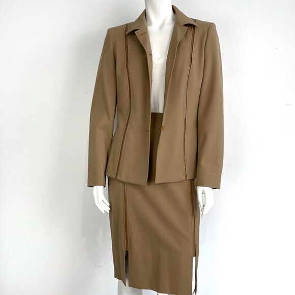 Gianfranco Ferre Tan Wool Blend Leather Trim Skirt Suit Sz 8 - Picture 2 of 16